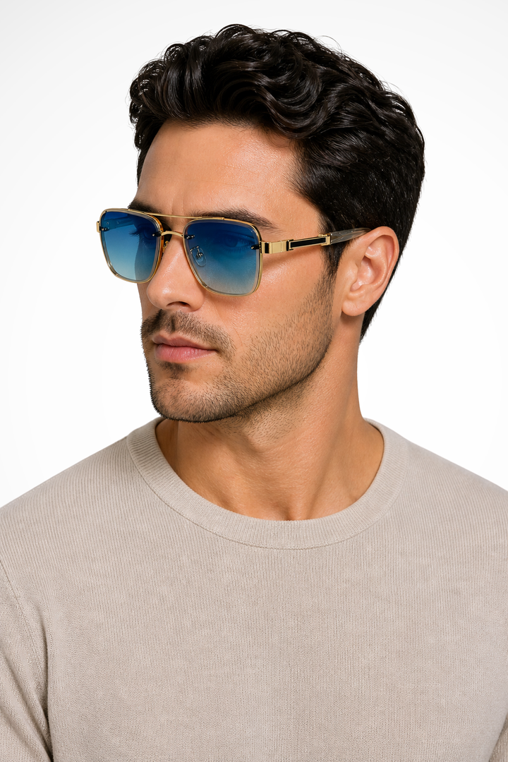 Stylish men's square aviator sunglasses with a classic gold frame and gradient UV protection lenses.