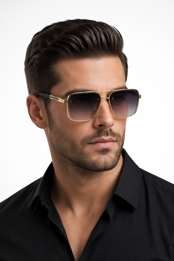Cool men's gold frame square aviator sunglasses featuring sophisticated gradient tinted lenses.