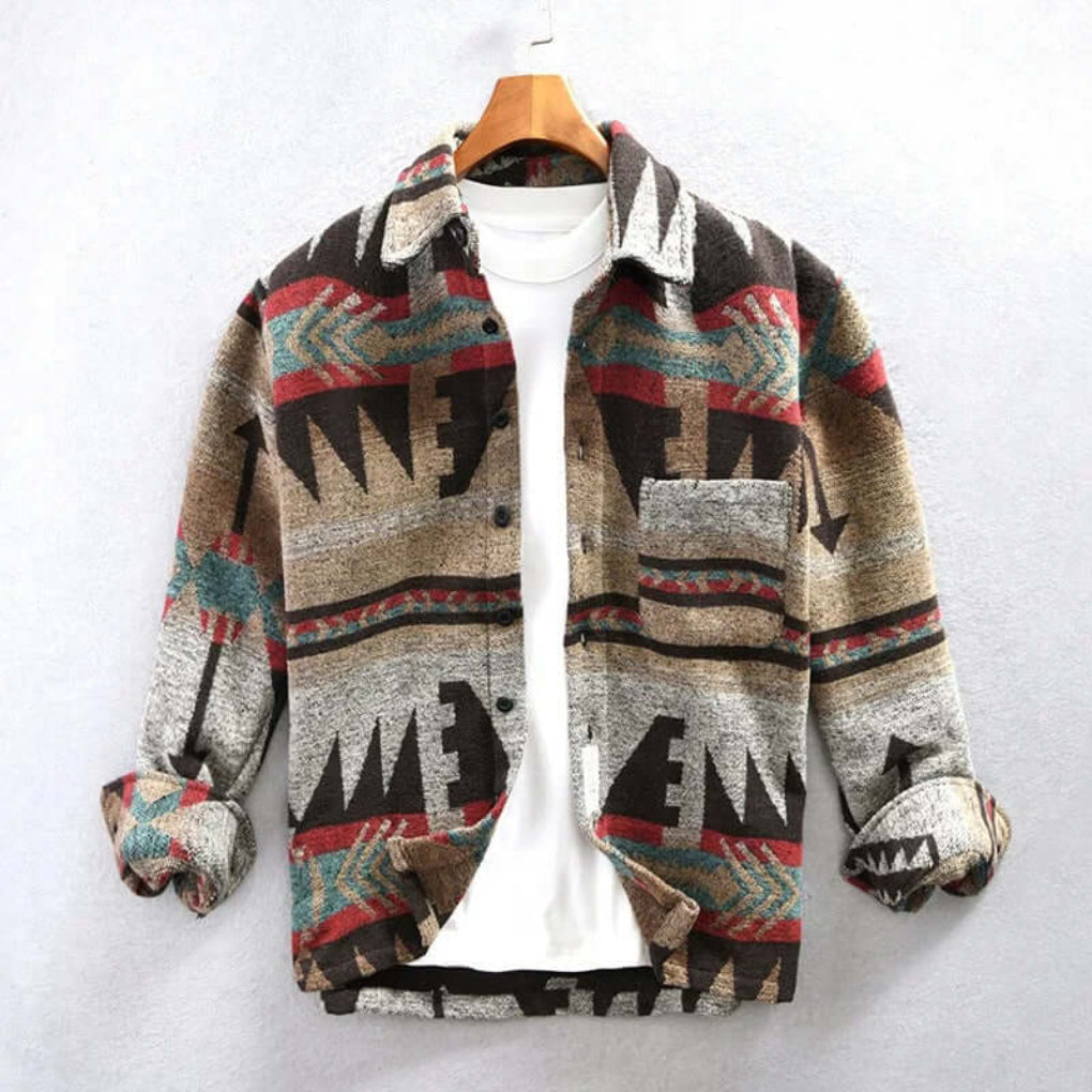 Men's Aztec print shirt jacket, Southwestern style shacket for fall & winter. Casual printed outerwear for unique men's fashion.