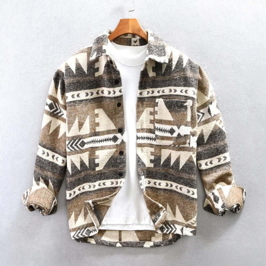 Stylish men's Southwestern Aztec print shirt jacket. Versatile shacket for fall/winter casual wear. Unique printed outerwear.