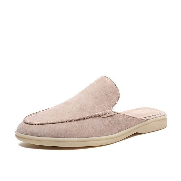 Khaki men's backless loafers with arch support. Lightweight slip-on shoes for summer comfort & casual men's style.