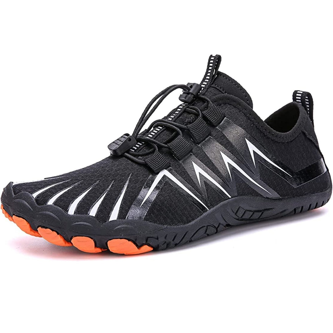 Side view of men's barefoot shoes, showcasing flexible sole & wide fit for natural walking.