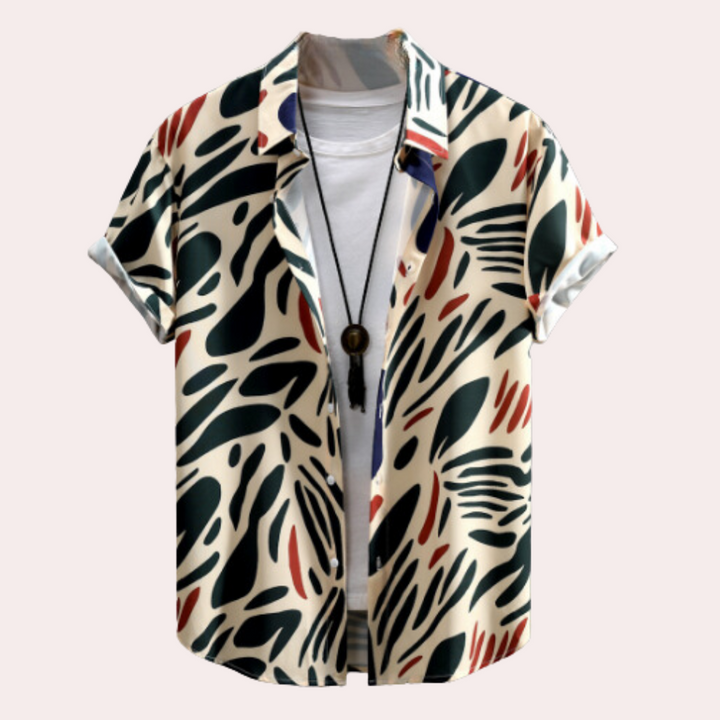 Men's beige short sleeve shirt with a unique abstract pattern, relaxed fit for casual summer wear.