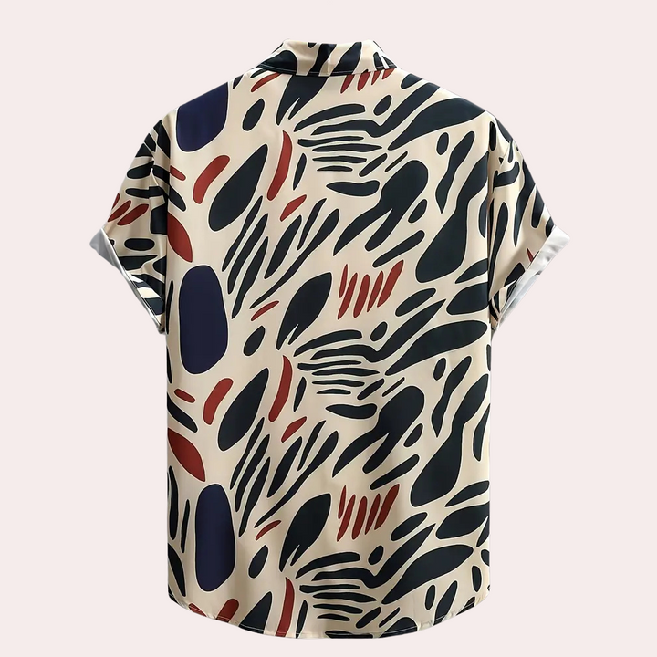 Beige men's short sleeve shirt, relaxed fit, featuring a modern abstract design, perfect for casual outfits.