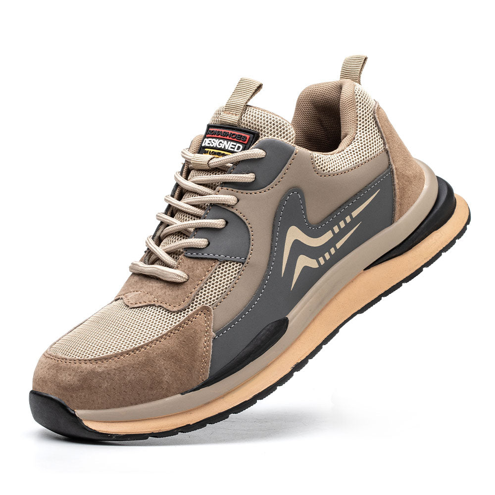 Men's Beta brown steel toe safety sneakers, lightweight & comfortable work shoes for protection.