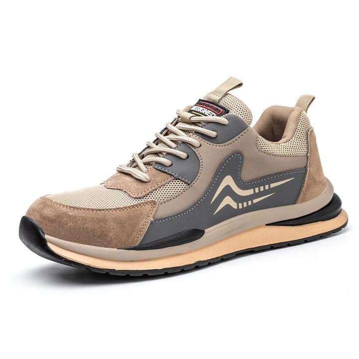 Durable men's brown work shoes with steel toe protection & puncture resistance. Lightweight safety footwear.