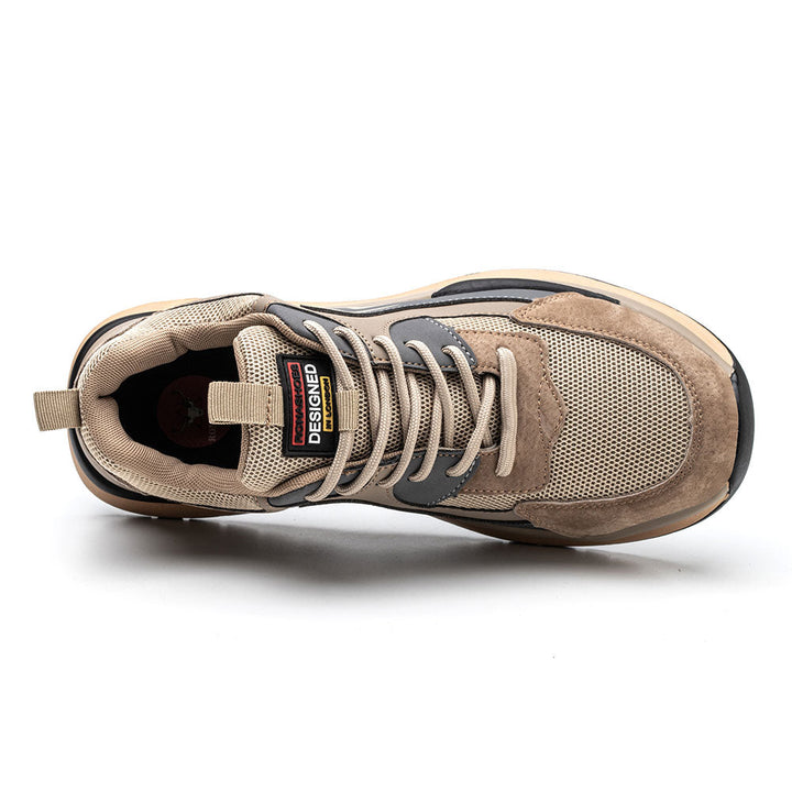 Lightweight men's brown steel toe work shoes, ideal as protective & durable industrial safety footwear.