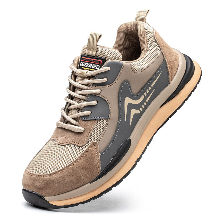 Men's brown steel toe safety shoes, a lightweight & comfortable work sneaker designed for protection.