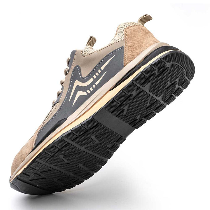 Puncture resistant men's brown work shoes with steel toe. Durable & lightweight safety sneakers for industries.