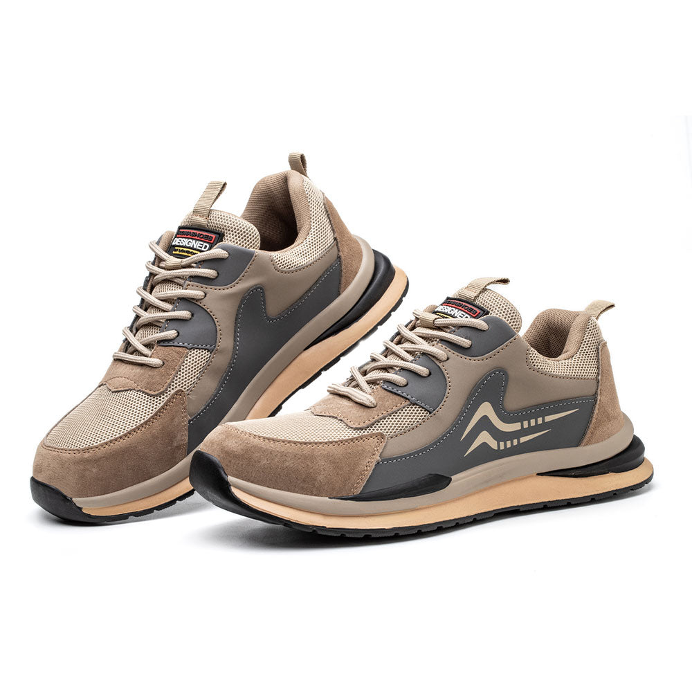 Protective men's brown work shoes with steel toe, lightweight, and comfortable for any safety-demanding job.