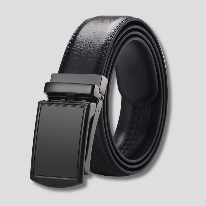 Men's black automatic ratchet leather belt for a perfect, comfortable, and adjustable fit. Stylish no-hole design.