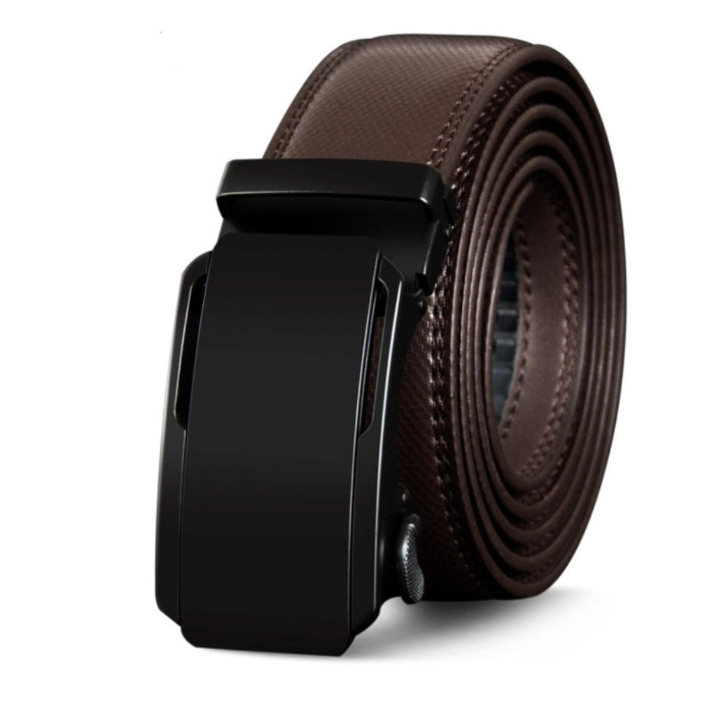 Brown men's leather ratchet belt, offering easy adjustment & a sleek no-hole design. Ideal for dress or casual wear.