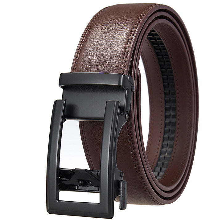 Automatic black leather ratchet belt for men. Enjoy precise adjustments & a comfortable, stylish, hole-free fit.