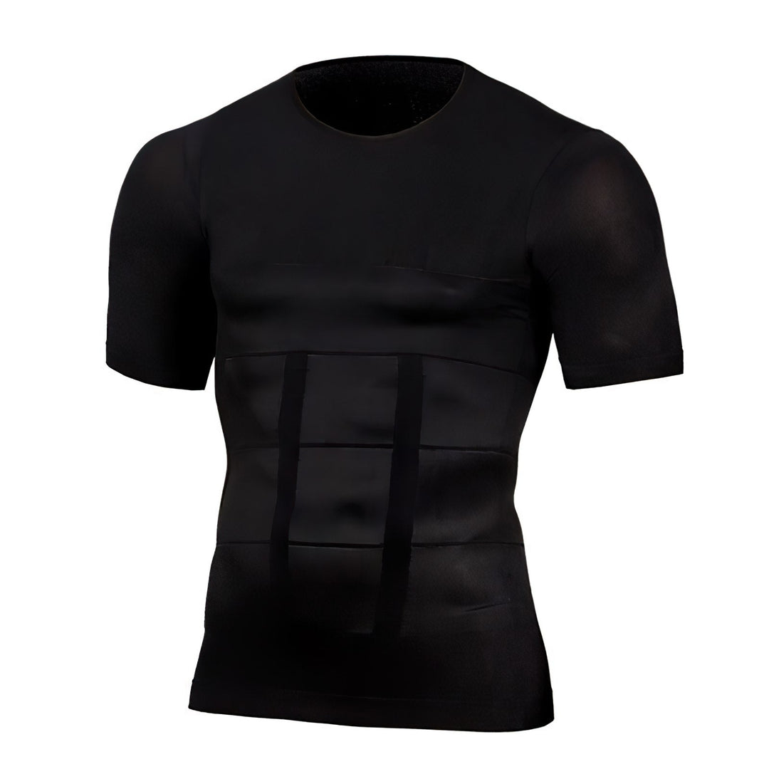 Men's black compression fitness t-shirt for muscle support & enhanced performance during workouts.