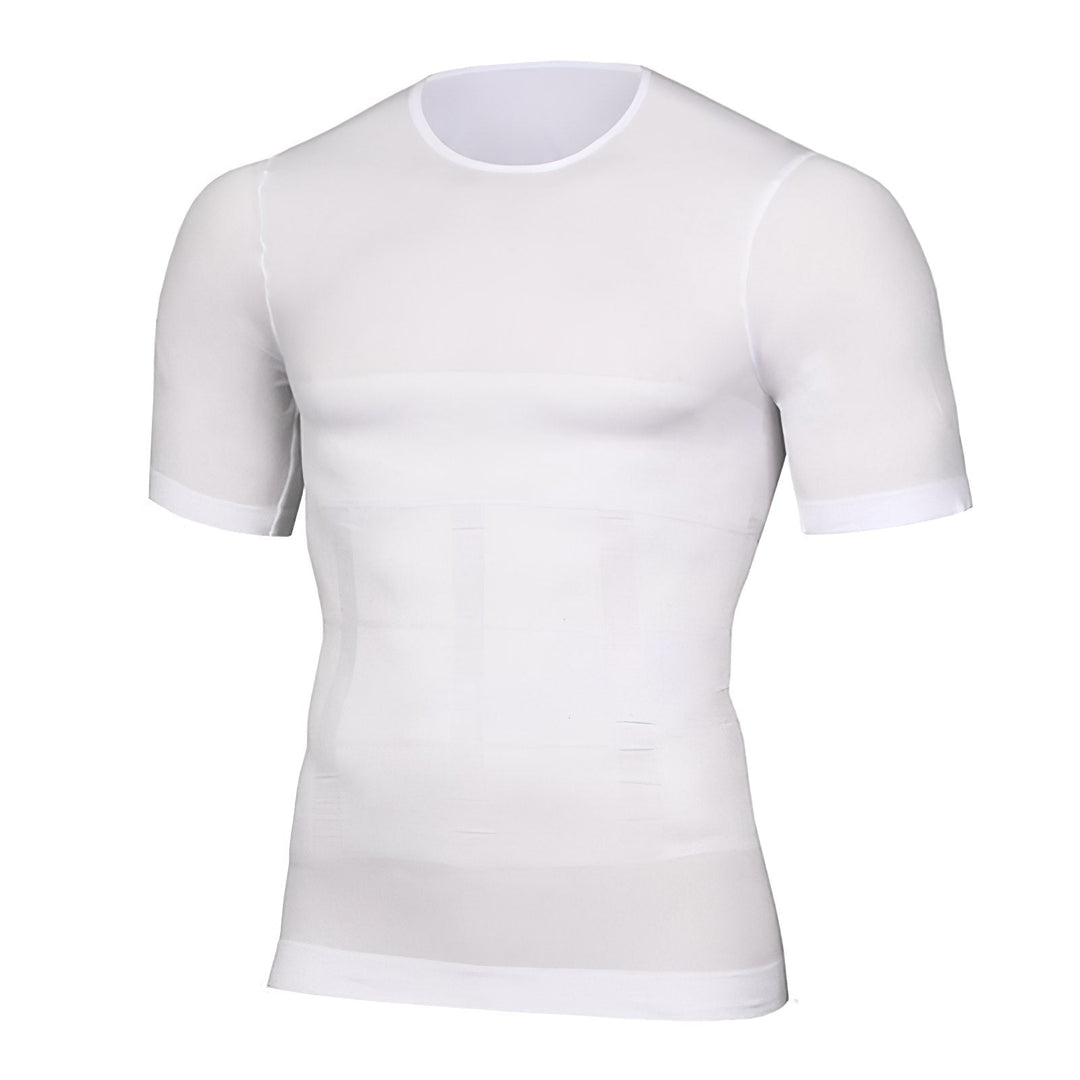 Athletic men's compression tee for gym workouts, providing muscle support & breathable comfort.