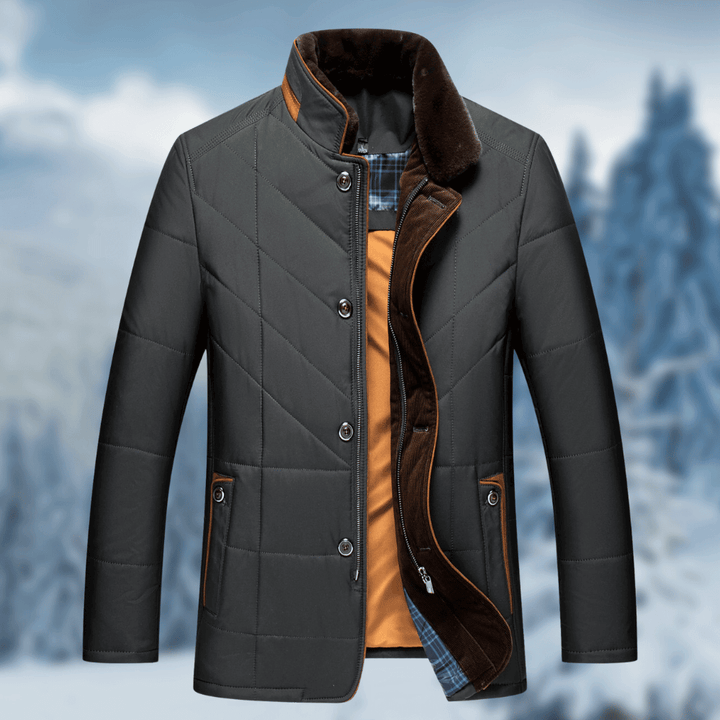 Warm men's diamond quilted puffer jacket with button closure. Ideal layering piece for stylish winter and cold weather.