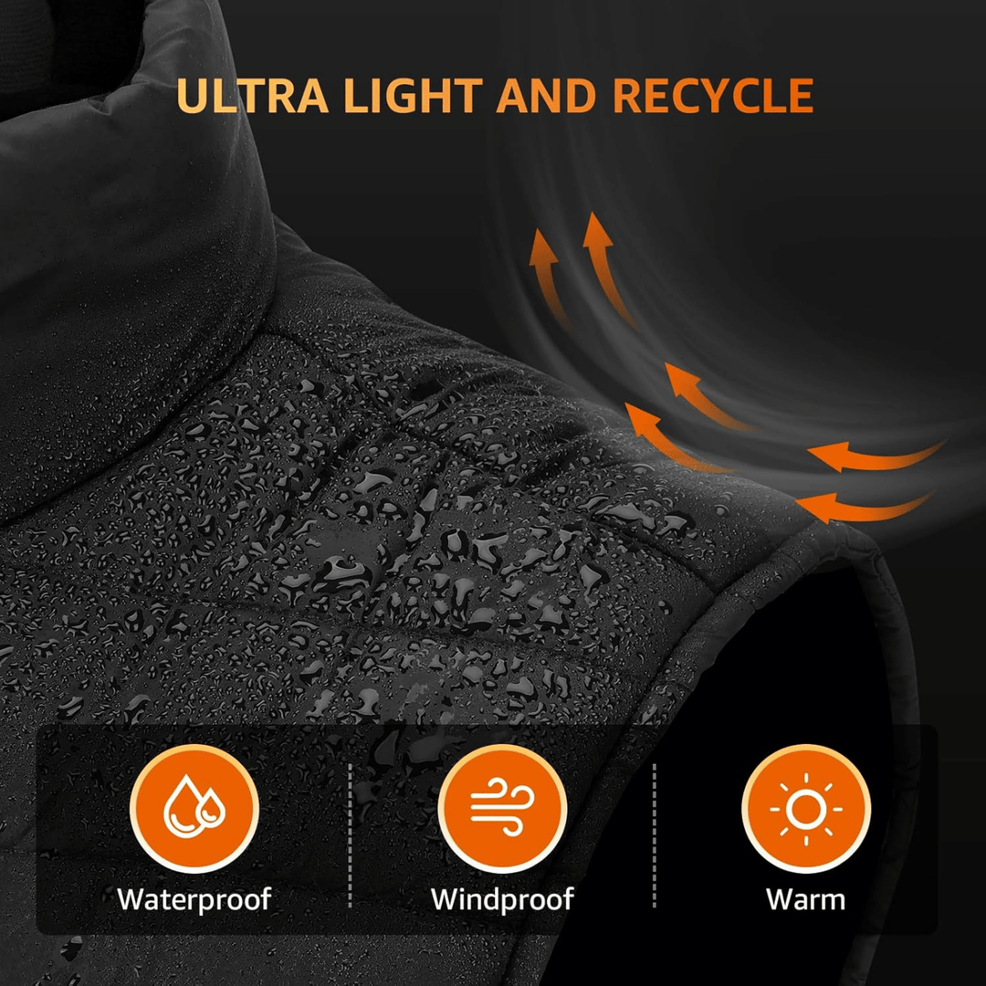 Men's black heated gilet, lightweight body warmer vest for warmth in cold weather & outdoor activities.