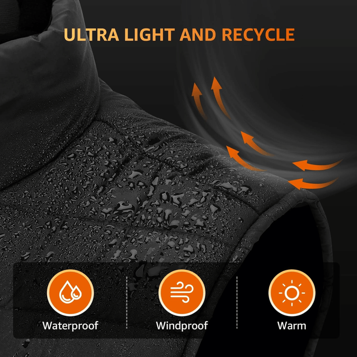 Men's black heated gilet, lightweight body warmer vest for warmth in cold weather & outdoor activities.