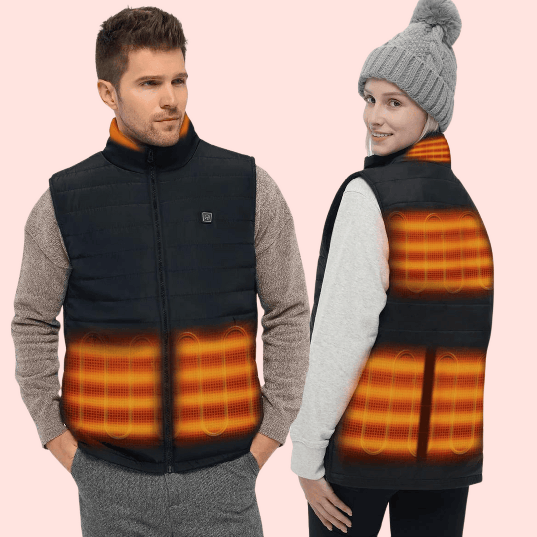 Men's heated gilet worn over a long-sleeve shirt, a versatile thermal body warmer for layering in winter.