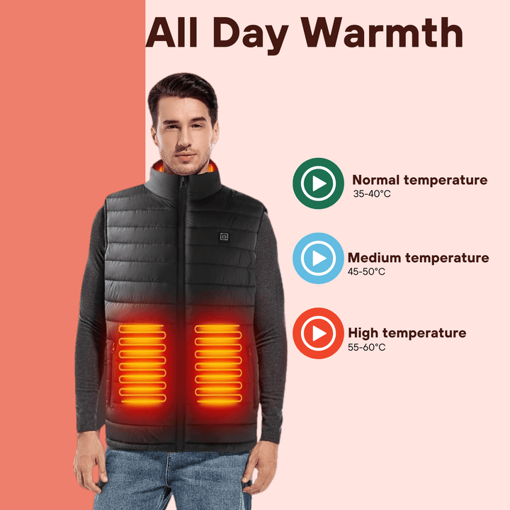 Close-up of a men's electric heated gilet with USB power bank connection, innovative warm body warmer.