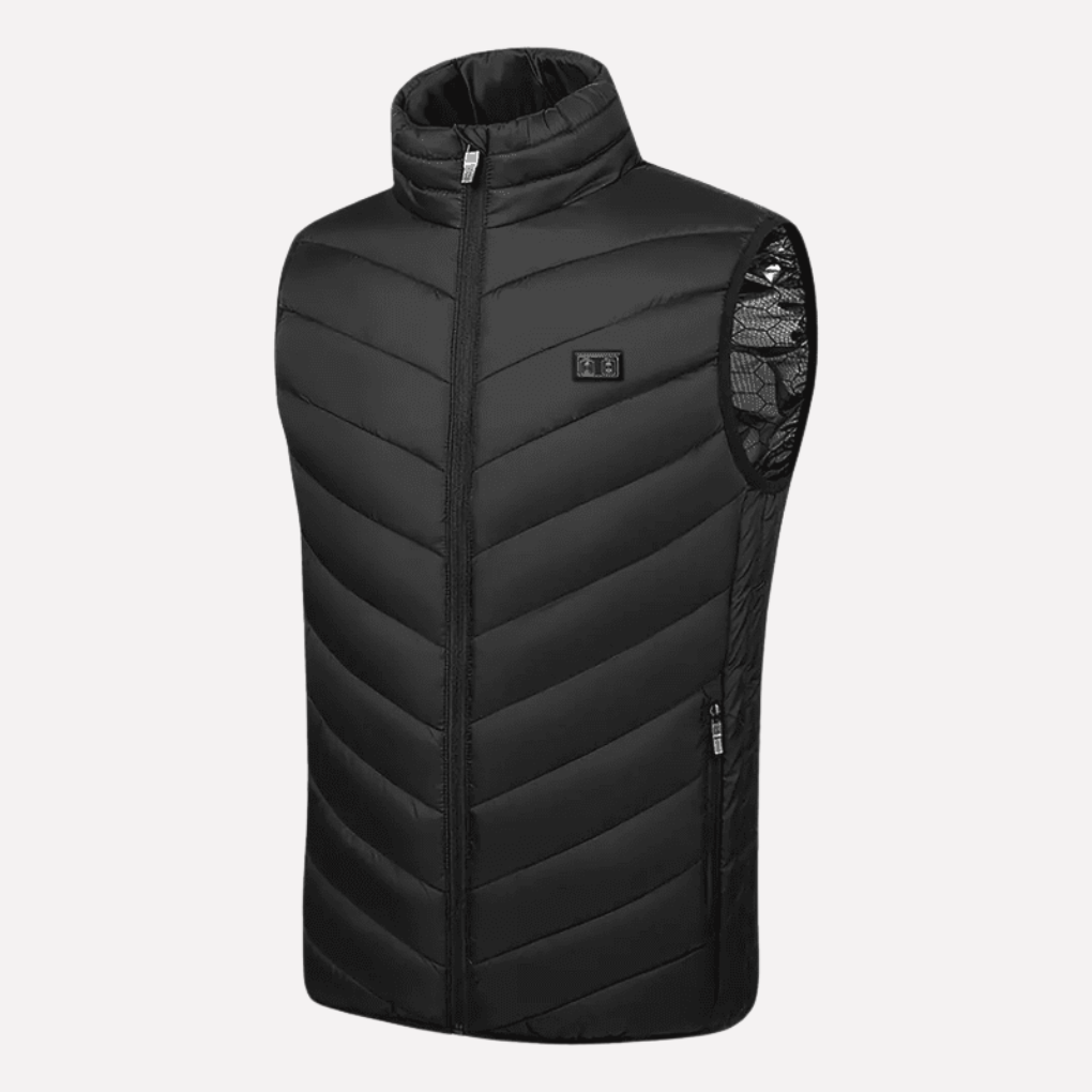 Men's black heated jacket with USB heating. Ideal for winter outdoor wear and cold weather protection.