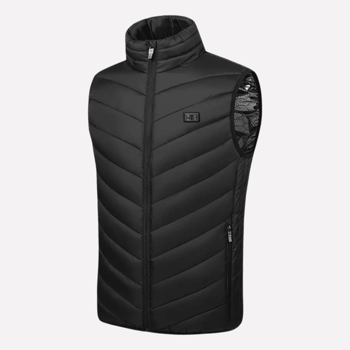 Men's black heated jacket with USB heating. Ideal for winter outdoor wear and cold weather protection.