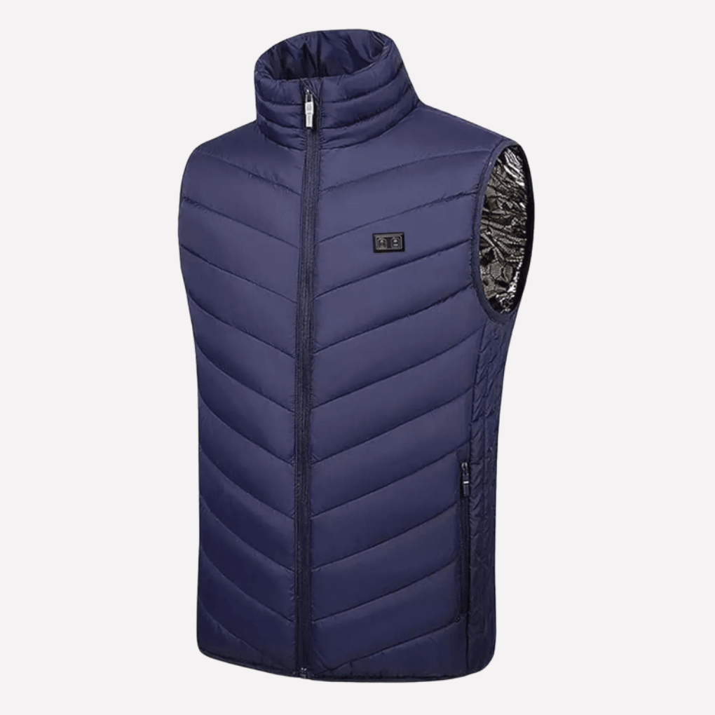 Insulated men's heated jacket with removable hood, perfect versatile thermal outdoor wear for cold weather.