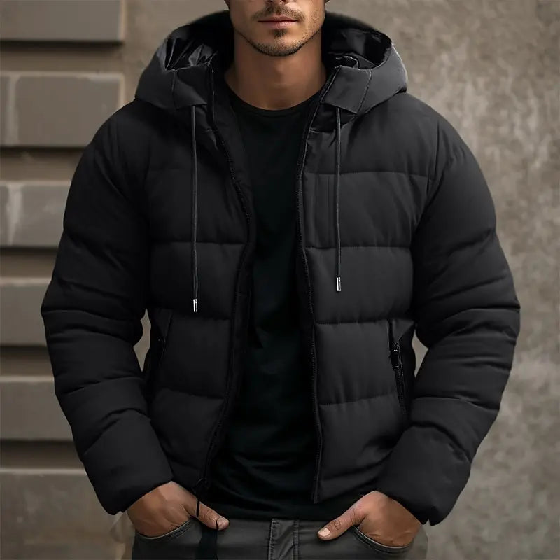 Warm men's hooded puffer jacket, ideal for winter. Insulated casual outerwear for cold weather comfort & style.