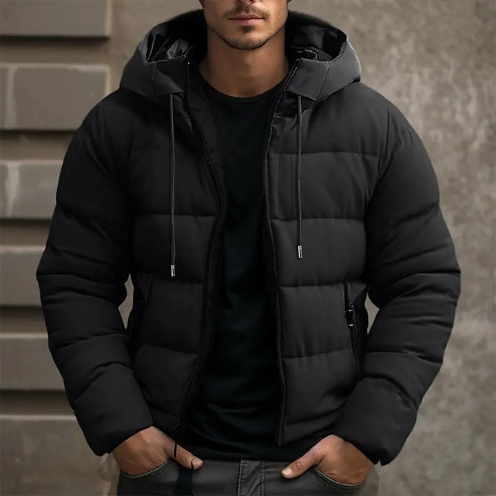 Warm men's hooded puffer jacket, ideal for winter. Insulated casual outerwear for cold weather comfort & style.