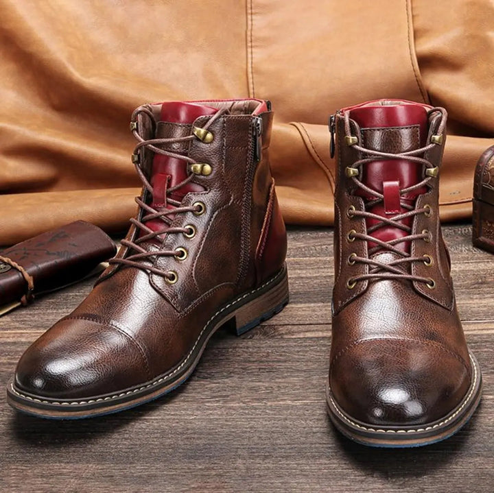 Men's black leather lace-up oxford ankle boots with cap toe, perfect for smart-casual & professional style.