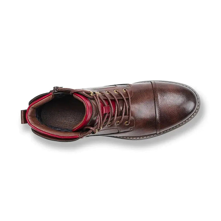 Modern men's leather oxford ankle boots with lace-up front & cap toe detail, embodying stylish professionalism.