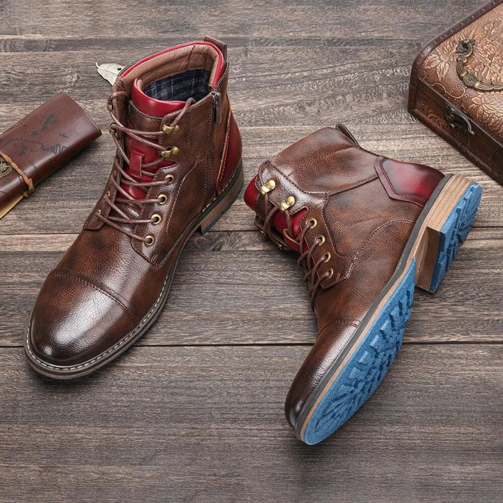 Stylish men's leather cap toe ankle boots, lace-up design with a practical side zip for everyday comfort.