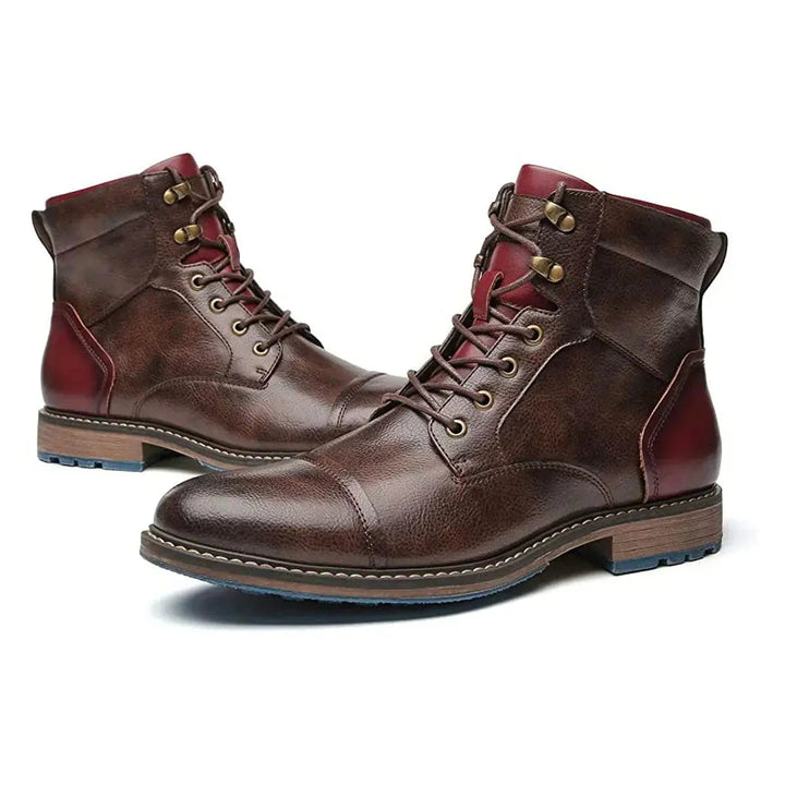 Professional men's black leather oxford boots, featuring elegant cap toe and lace-up closure for formal wear.