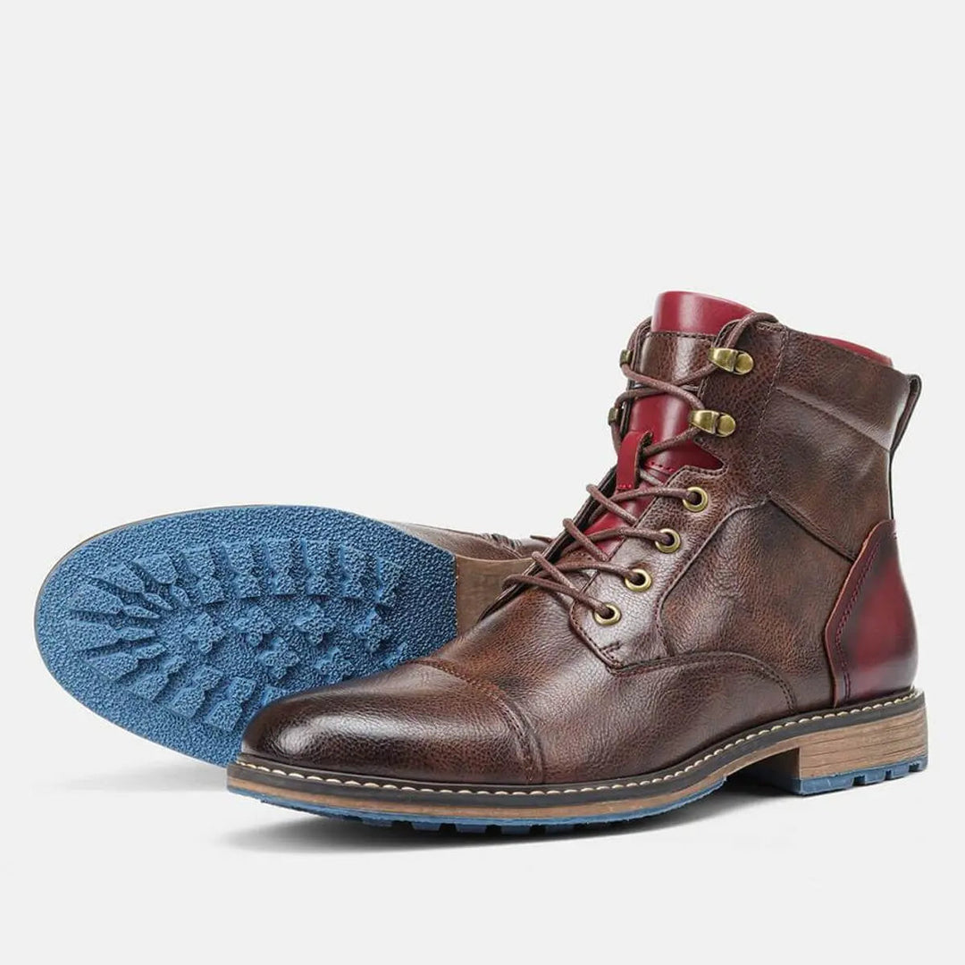 Men's smart-casual black leather lace-up ankle boots with classic cap toe design, offering style & comfort.