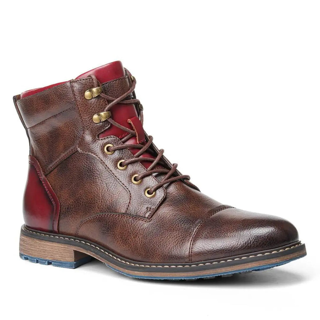 Elegant men's black leather cap toe ankle boots, lace-up design suitable for both formal and casual settings.