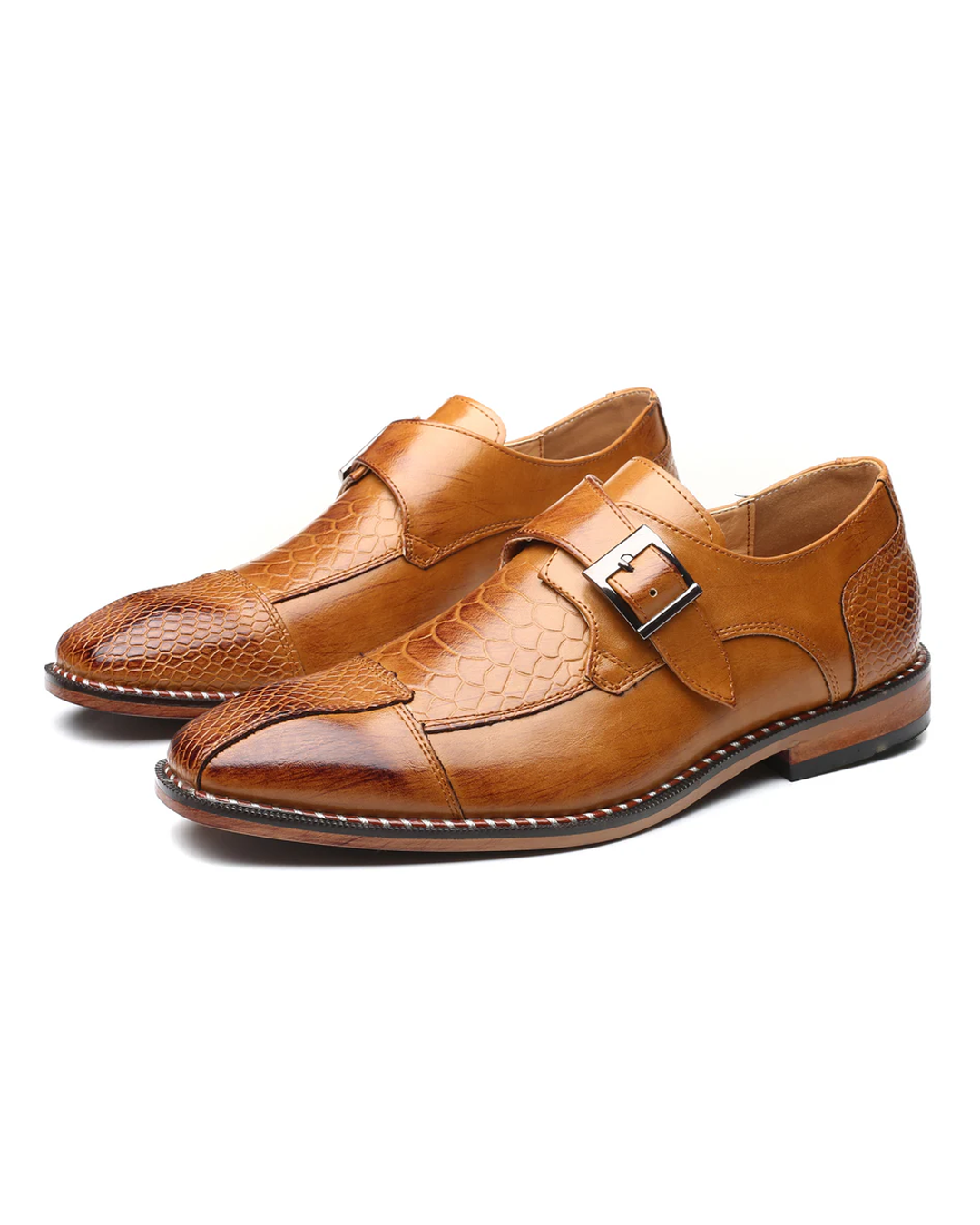 Men's black leather monk strap dress shoes with a single buckle, ideal for business & formal wear.