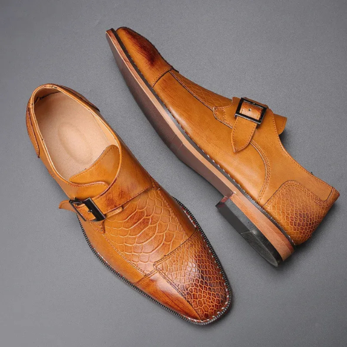 Stylish brown leather double monk strap flats for men, perfect for professional & smart casual outfits.