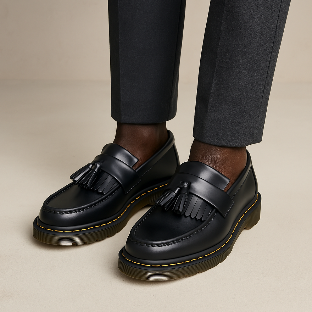 Men's black leather tassel loafers, versatile slip-on shoes for smart casual & professional attire, comfortable.