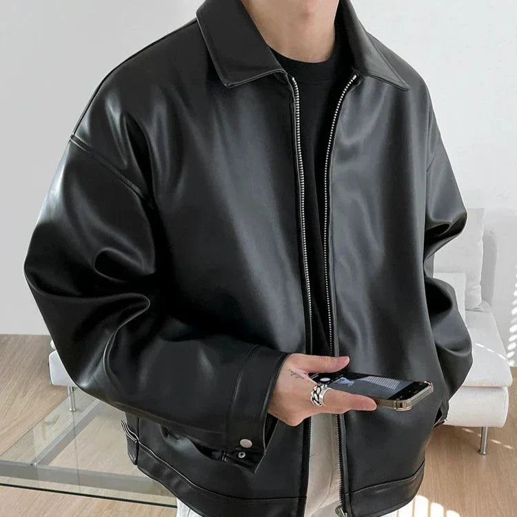 Stylish men's black oversized bomber jacket, ideal for effortless street style & urban outerwear.