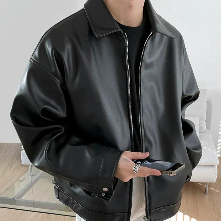Stylish men's black oversized bomber jacket, ideal for effortless street style & urban outerwear.