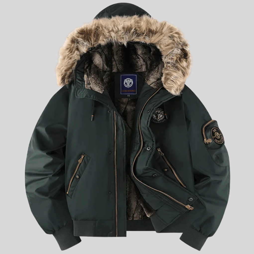 Men's black padded bomber jacket with a luxurious faux-fur hood, ideal for stylish winter warmth.