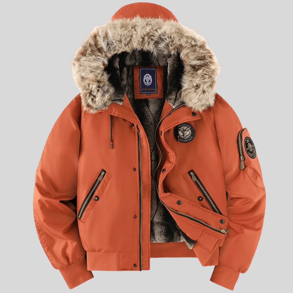Warm men's padded bomber jacket featuring a stylish faux-fur hood, perfect casual outerwear for cold weather.