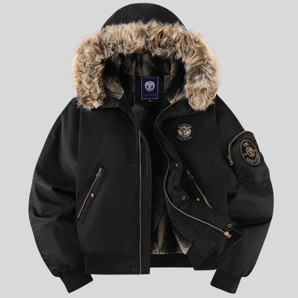 Stylish men's winter bomber jacket, padded for warmth, with a fashionable faux-fur trimmed hood.