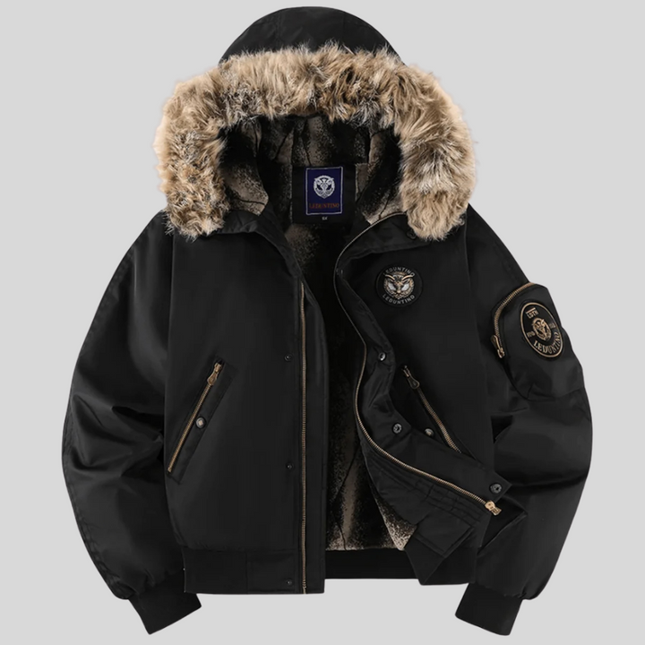 Stylish men's winter bomber jacket, padded for warmth, with a fashionable faux-fur trimmed hood.