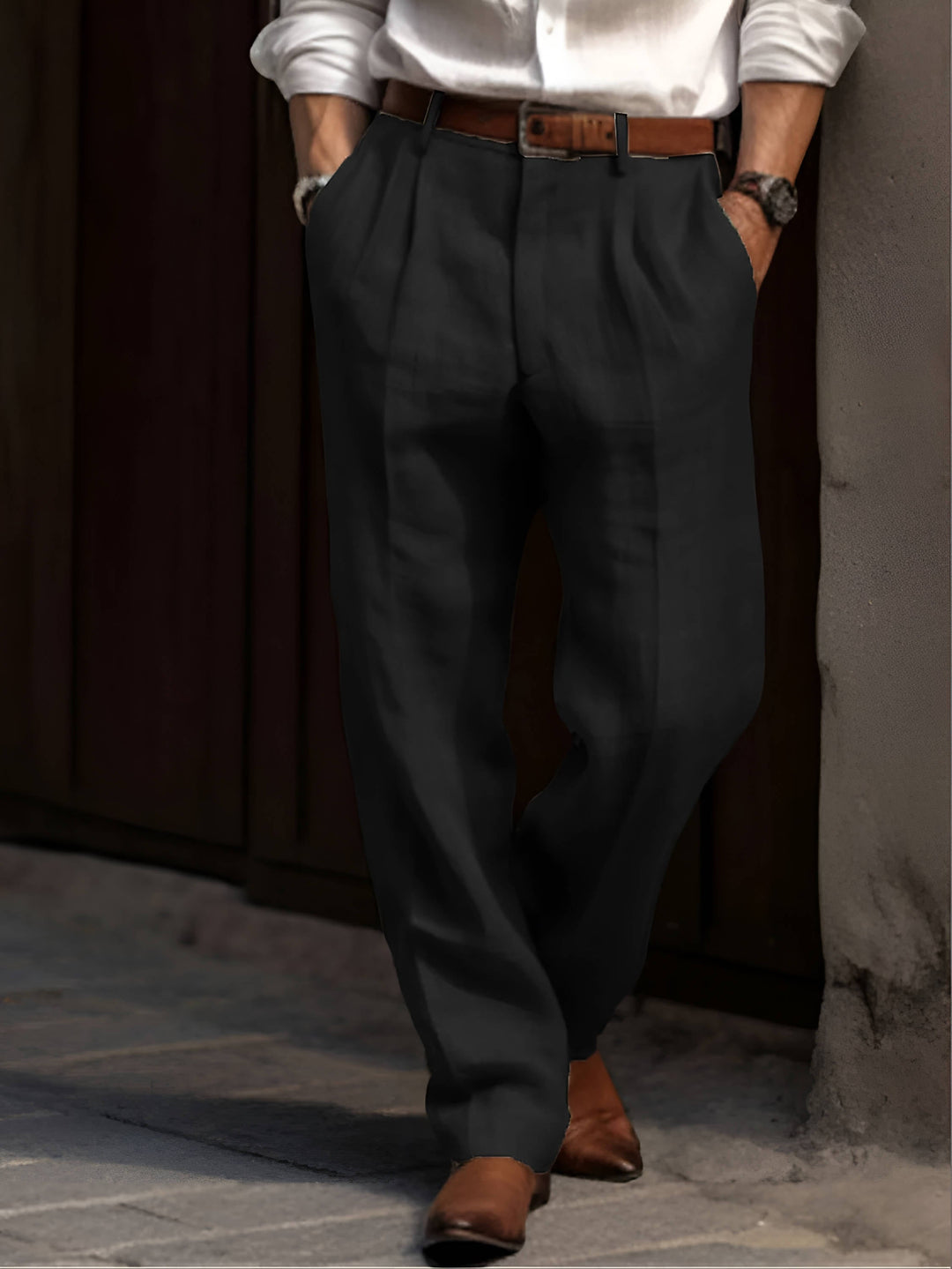 Men's black pleated relaxed fit casual pants with elastic waist. Comfortable & stylish for everyday wear.