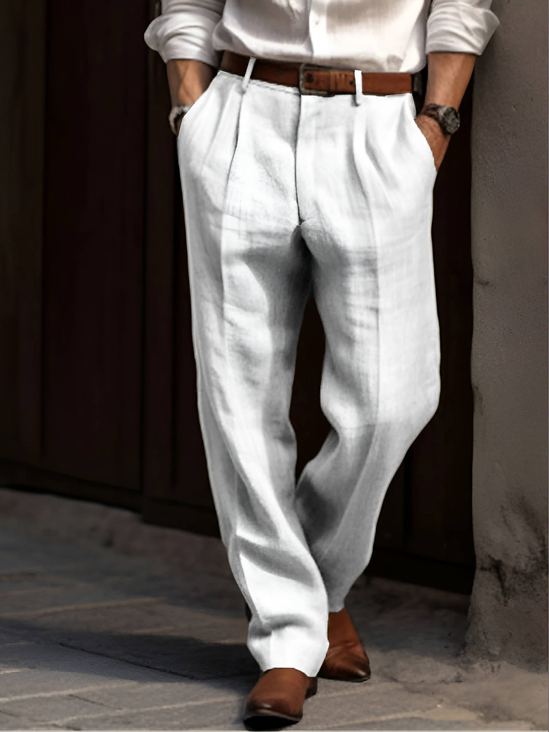 Comfortable men's gray pleated relaxed fit casual pants. Perfect for casual or dressy looks.