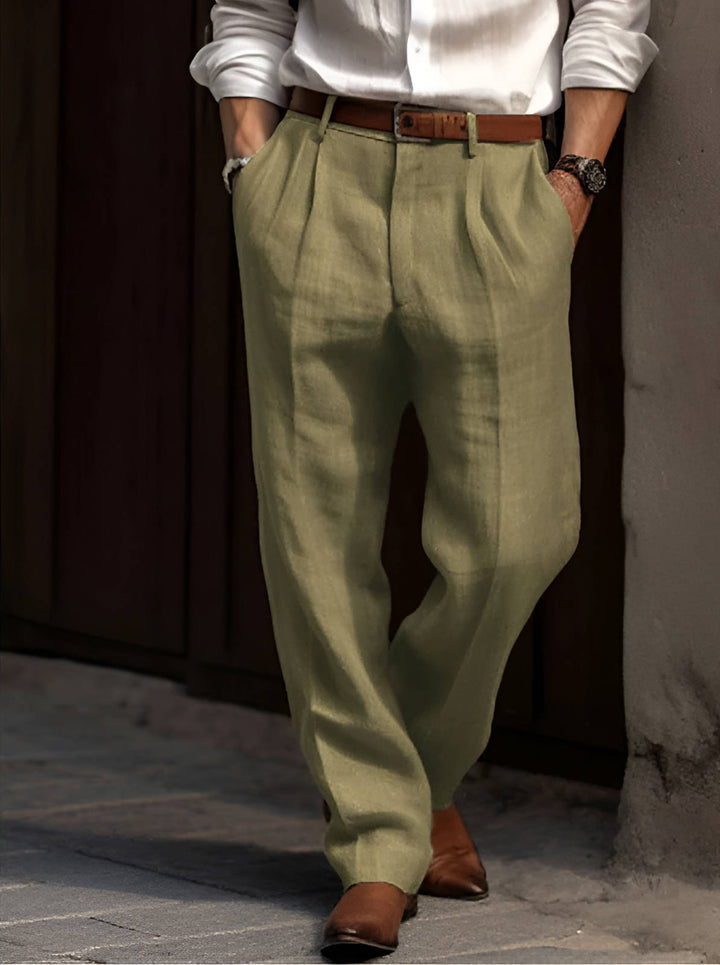 Men's white pleated relaxed fit pants. Comfortable elastic waist, perfect casual or dress pants.