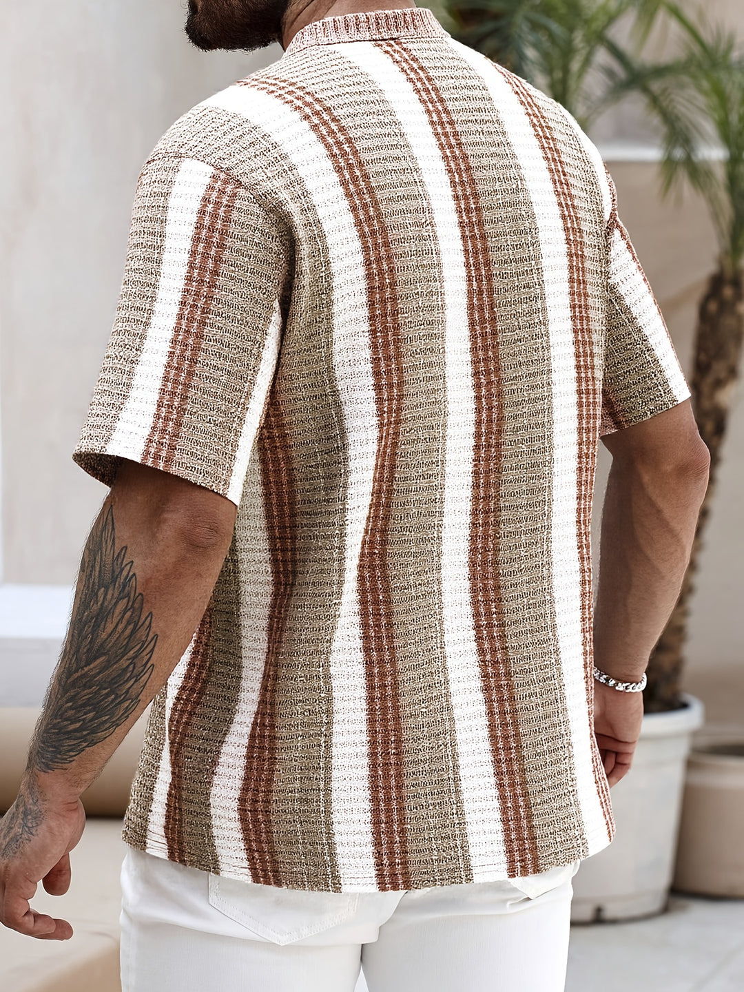 Men's printed short sleeve button-up summer shirt in black or brown. Ideal stylish top for warm weather & holidays.