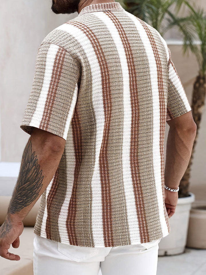 Men's printed short sleeve button-up summer shirt in black or brown. Ideal stylish top for warm weather & holidays.