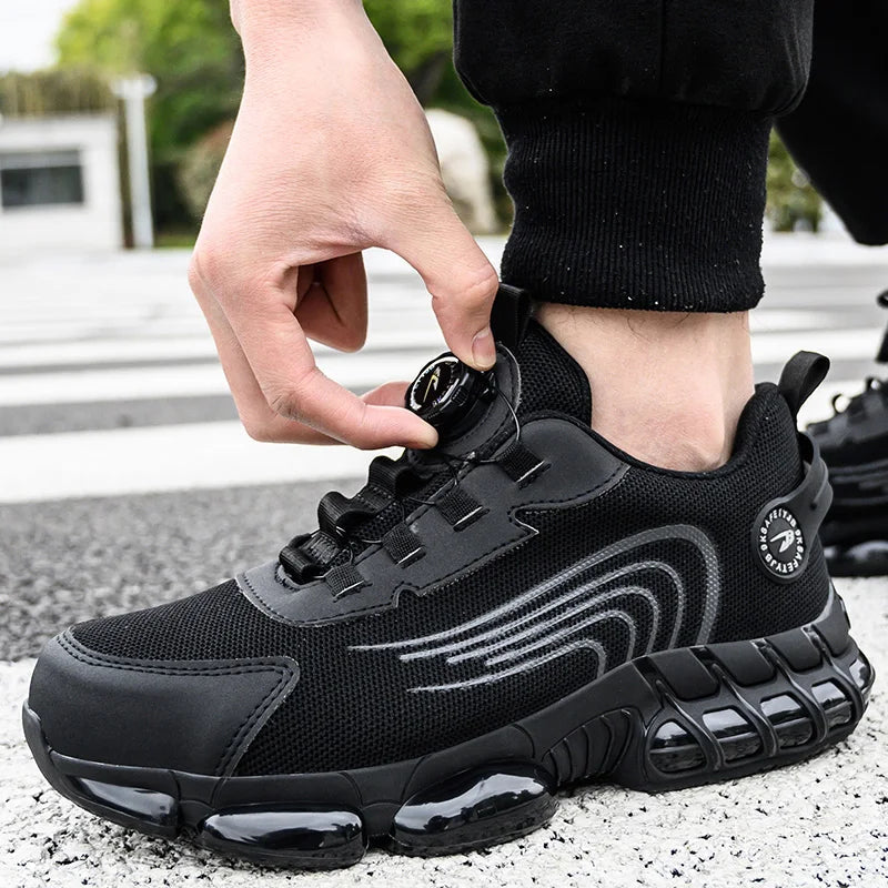 Men's black protective work shoes with comfort cushioning, ideal for job site safety & long-lasting wear.